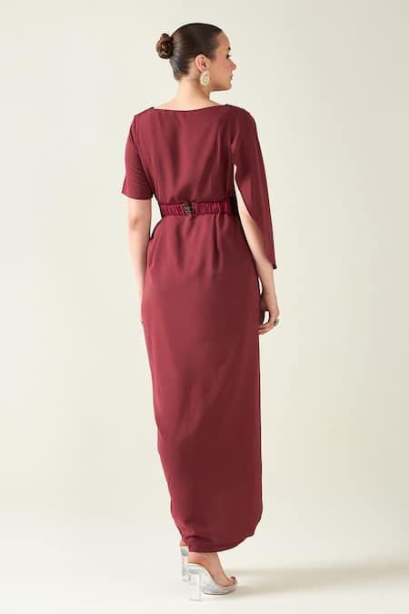 Aakaar Cowl Neck Draped Dress With Metallic Belt 