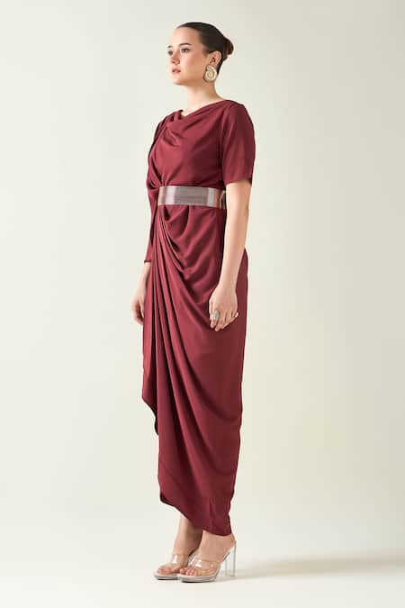 Aakaar_Wine Modal Cowl Neck Draped Dress With Metallic Belt _Online_at_Aza_Fashions