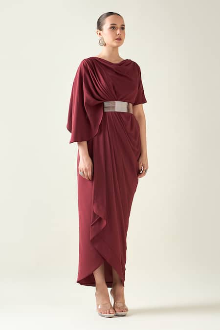Buy_Aakaar_Wine Modal Cowl Neck Draped Dress With Metallic Belt _Online_at_Aza_Fashions
