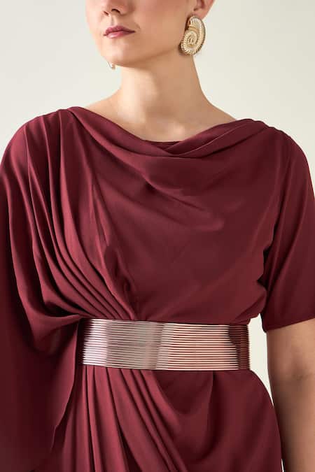 Shop_Aakaar_Wine Modal Cowl Neck Draped Dress With Metallic Belt _Online_at_Aza_Fashions