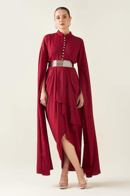 Aakaar Red Moss Crepe Armour Style Draped Dress With Metallic Belt For Kids