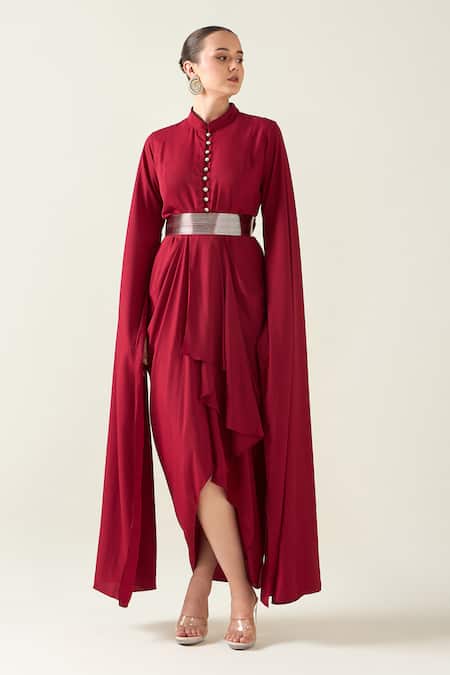 Aakaar_Red Modal Collared Armour Style Draped Dress With Metallic Belt _Online_at_Aza_Fashions