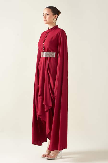 Buy_Aakaar_Red Modal Collared Armour Style Draped Dress With Metallic Belt _Online_at_Aza_Fashions