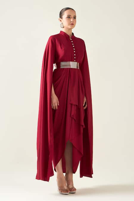 Shop_Aakaar_Red Modal Collared Armour Style Draped Dress With Metallic Belt _Online_at_Aza_Fashions