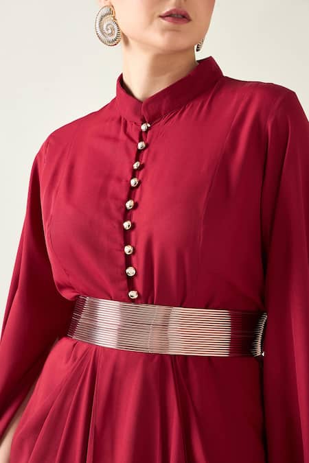 Aakaar_Red Modal Collared Armour Style Draped Dress With Metallic Belt _at_Aza_Fashions
