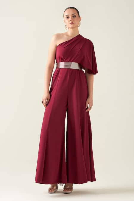 Aakaar Alloy Asymmetric Flared Jumpsuit With Metallic Belt 