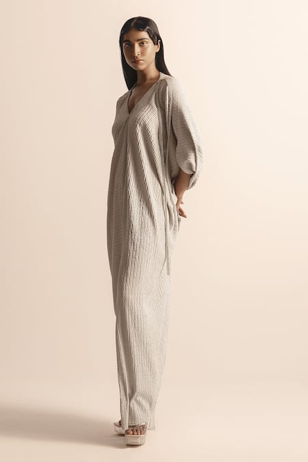 Abhishek Sharma_White Net Beads V-neck Asymmetrical Draped High Slit Dress _Online_at_Aza_Fashions