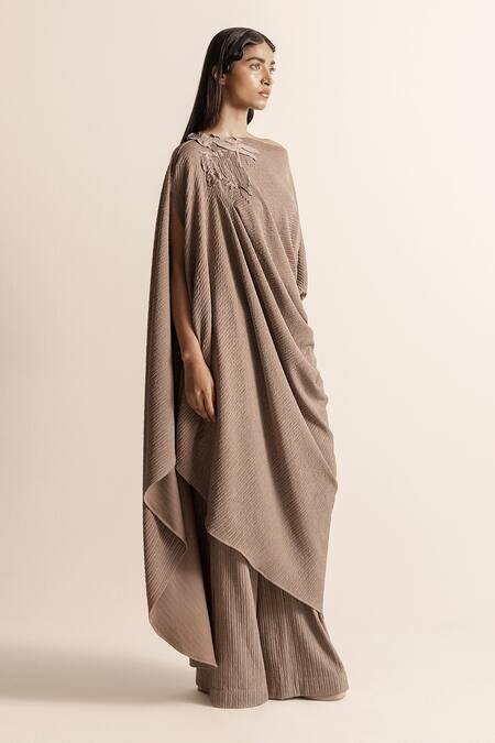 Abhishek Sharma Brown Net Embroidery Boat Neck Nadru Draped Tunic With Pant Online at Aza Fashions Abhishek Sharma_Brown Net Embroidery Boat Neck Nadru Draped Tunic With Pant _Online_at_Aza_Fashions