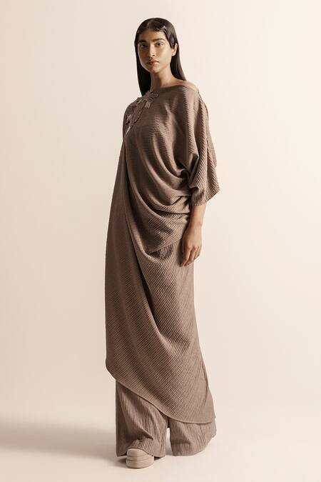 Buy Abhishek Sharma Brown Net Embroidery Boat Neck Nadru Draped Tunic With Pant Online at Aza Fashions Buy_Abhishek Sharma_Brown Net Embroidery Boat Neck Nadru Draped Tunic With Pant _Online_at_Aza_Fashions