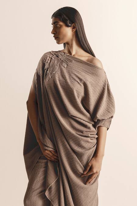 Shop Abhishek Sharma Brown Net Embroidery Boat Neck Nadru Draped Tunic With Pant Online at Aza Fashions Shop_Abhishek Sharma_Brown Net Embroidery Boat Neck Nadru Draped Tunic With Pant _Online_at_Aza_Fashions