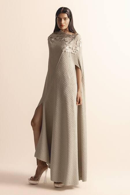 Abhishek Sharma_White Net Embroidery Boat Neck Nadru Asymmetrical Dress_Online_at_Aza_Fashions