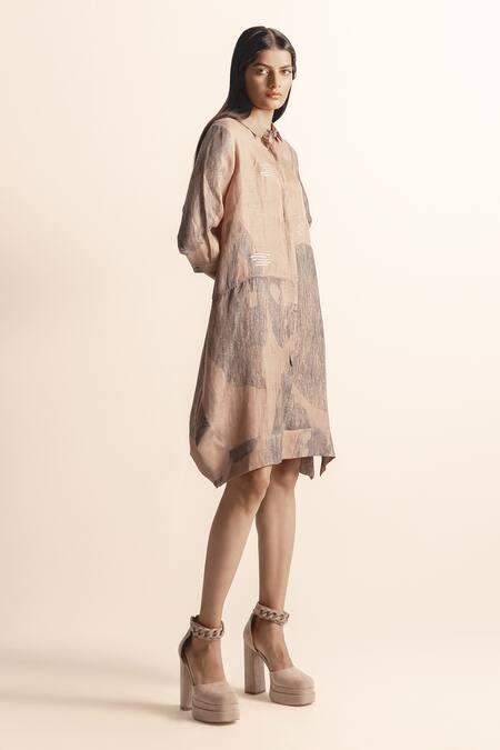 Abhishek Sharma_Brown Cotton, Linen Collared Nadru Lotus Pond Print Shirt Dress _Online_at_Aza_Fashions