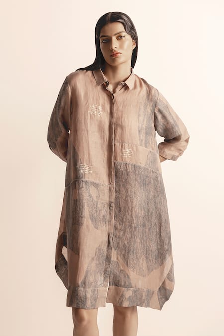 Buy_Abhishek Sharma_Brown Cotton, Linen Collared Nadru Lotus Pond Print Shirt Dress _Online_at_Aza_Fashions