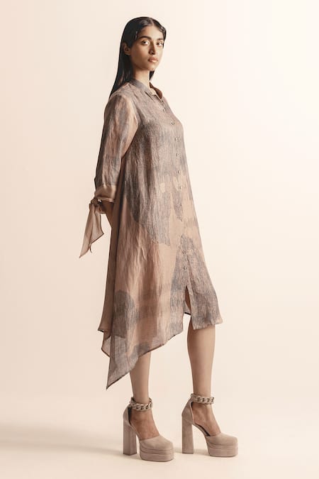 Abhishek Sharma_Brown Cotton, Linen Collared Nadru Lotus Pond Print Shirt Dress _Online_at_Aza_Fashions