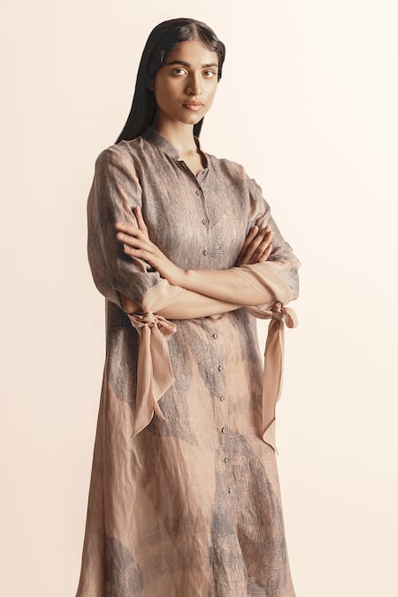 Buy_Abhishek Sharma_Brown Cotton, Linen Collared Nadru Lotus Pond Print Shirt Dress _Online_at_Aza_Fashions