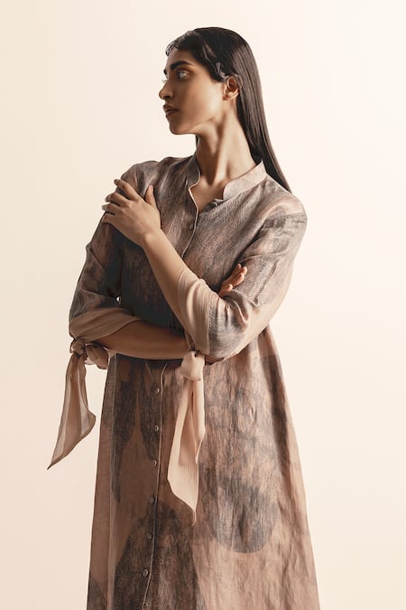 Shop_Abhishek Sharma_Brown Cotton, Linen Collared Nadru Lotus Pond Print Shirt Dress _Online_at_Aza_Fashions