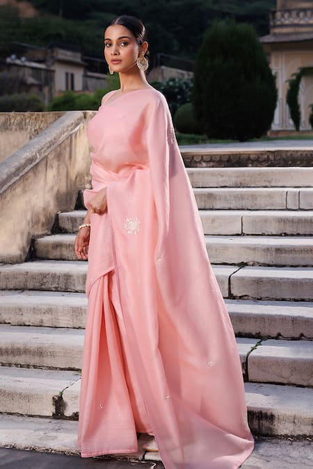 Geroo Jaipur_Pink Tissue Gota Patti, Sequins And Work Saree With Unstitched Blouse Piece _Online_at_Aza_Fashions