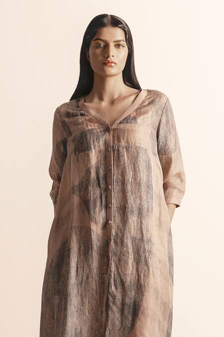 Abhishek Sharma_Brown Cotton, Linen V-neck Nadru Lotus Pond Print Dress _Online_at_Aza_Fashions