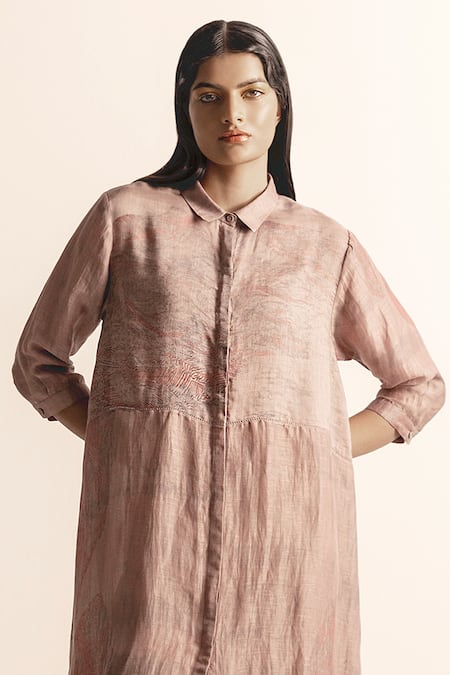 Abhishek Sharma_Brown Cotton, Linen Collared Nadru Lotus Pond Print Shirt Dress _Online_at_Aza_Fashions