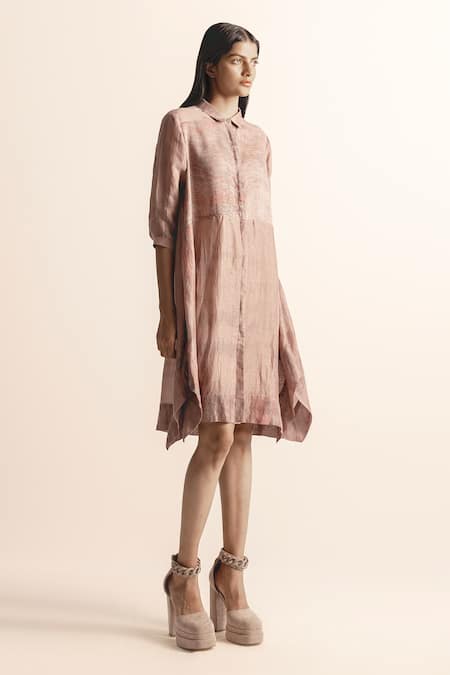 Buy_Abhishek Sharma_Brown Cotton, Linen Collared Nadru Lotus Pond Print Shirt Dress _Online_at_Aza_Fashions