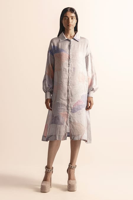 Abhishek Sharma Lotus Pond Print A-Line Shirt Dress 