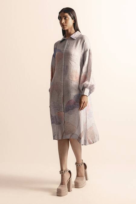 Abhishek Sharma_Ivory Cotton, Linen Collared Lotus Pond Print Shirt Dress_Online_at_Aza_Fashions