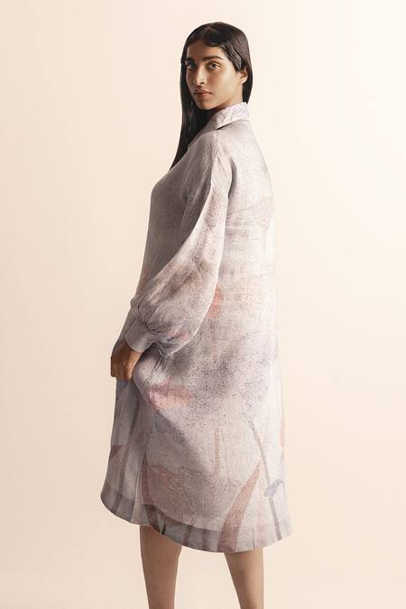 Buy_Abhishek Sharma_Ivory Cotton, Linen Collared Lotus Pond Print Shirt Dress_Online_at_Aza_Fashions