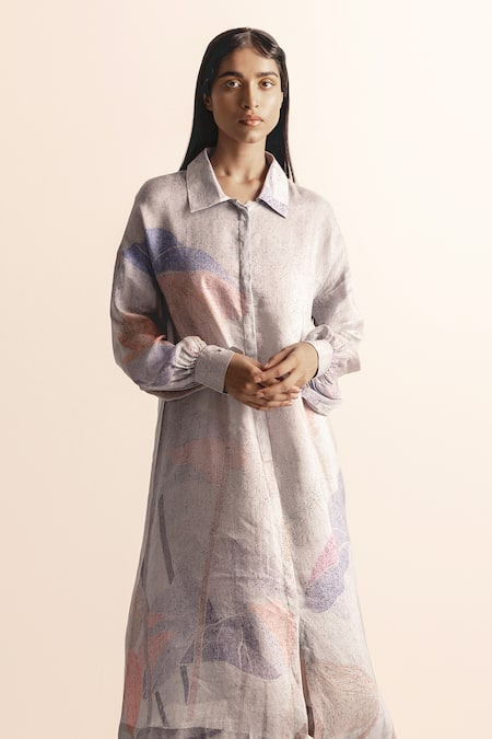 Shop_Abhishek Sharma_Ivory Cotton, Linen Collared Lotus Pond Print Shirt Dress_Online_at_Aza_Fashions