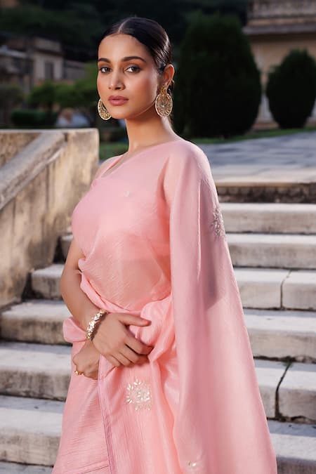 Buy_Geroo Jaipur_Pink Tissue Gota Patti, Sequins And Work Saree With Unstitched Blouse Piece _Online_at_Aza_Fashions