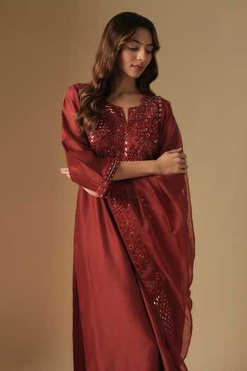 Asaga_Red Organza, Chanderi, Muslin Cut Cutdana Zentangle Embroidered Kurta Pant Set _Online_at_Aza_Fashions