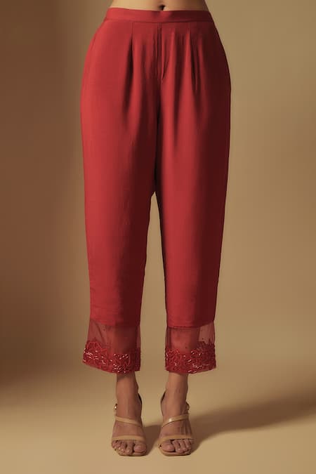 Asaga_Red Organza, Chanderi, Muslin Embroidery, Floral Borders Kurta Pant Set _Online_at_Aza_Fashions