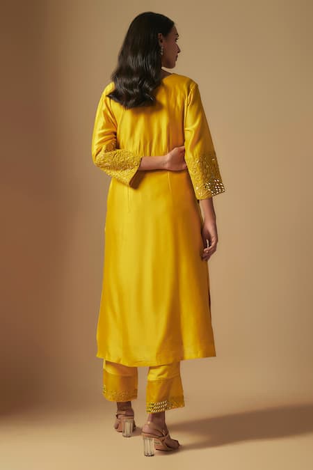 Shop Asaga Yellow Organza, Chanderi, Muslin Sequins, Cut Zentangle Cutdana Kurta Pant Set at Aza Fashions Shop_Asaga_Yellow Organza, Chanderi, Muslin Sequins, Cut Zentangle Cutdana Kurta Pant Set _at_Aza_Fashions
