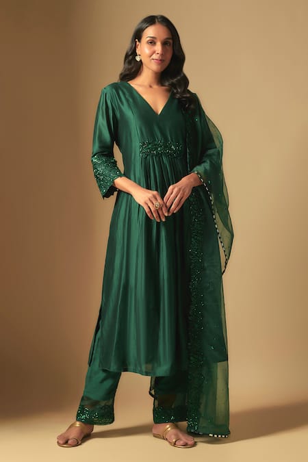 Buy Asaga Green Organza, Chanderi, Muslin Cut Work, Cutdana Gathered Kurta Pant Set at Aza Fashions Buy_Asaga_Green Organza, Chanderi, Muslin Cut Work, Cutdana Gathered Kurta Pant Set _at_Aza_Fashions