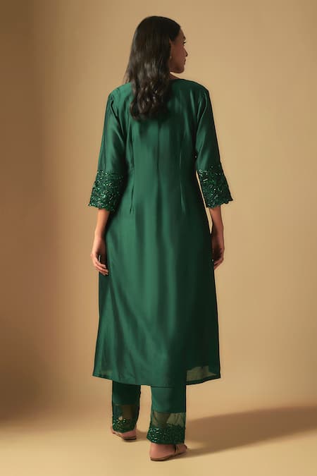 Shop Asaga Green Organza, Chanderi, Muslin Cut Work, Cutdana Gathered Kurta Pant Set at Aza Fashions Shop_Asaga_Green Organza, Chanderi, Muslin Cut Work, Cutdana Gathered Kurta Pant Set _at_Aza_Fashions