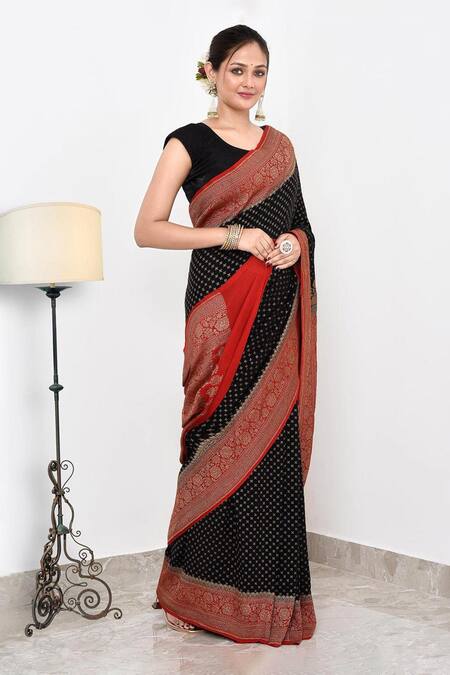 Buy_Naaritva India_Black Crepe Embroidery Contrast Butti Banarasi Saree With Running Blouse _Online_at_Aza_Fashions