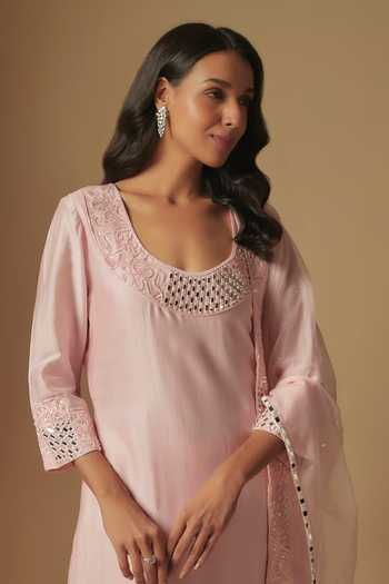 Buy_Asaga_Pink Organza, Chanderi, Muslin Cut Work, Zentangle Placement Kurta Pant Set _Online_at_Aza_Fashions
