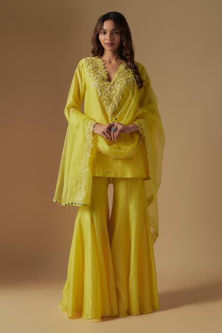 Asaga Yellow Chanderi Embroidered Cutdana Floral Applique Short Kurta Sharara Set 