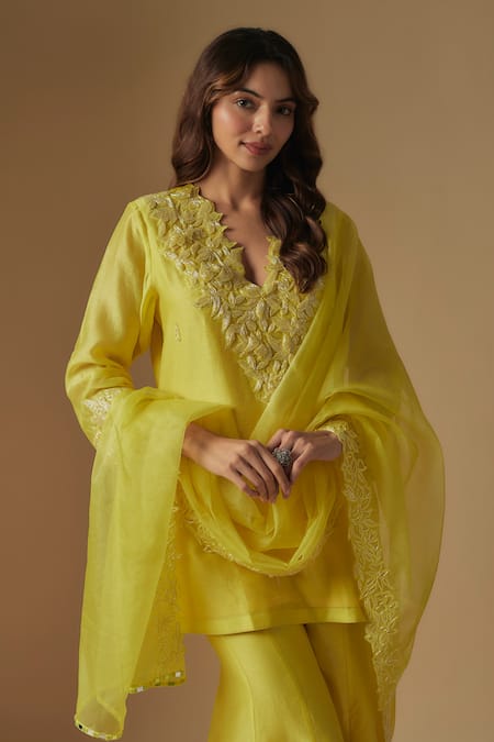 Buy_Asaga_Yellow Organza, Chanderi Cutdana Floral Applique Short Kurta Sharara Set _Online_at_Aza_Fashions
