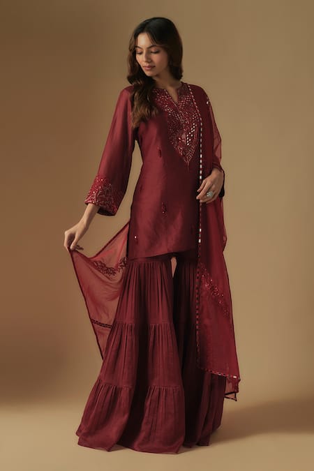 Asaga Red Chanderi Embroidered Sequin Notched Zentangle Short Kurta Sharara Set 