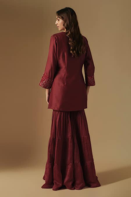 Shop Asaga Red Organza, Chanderi Cut Work, Zentangle Embroidered Short Kurta Sharara Set at Aza Fashions Shop_Asaga_Red Organza, Chanderi Cut Work, Zentangle Embroidered Short Kurta Sharara Set _at_Aza_Fashions