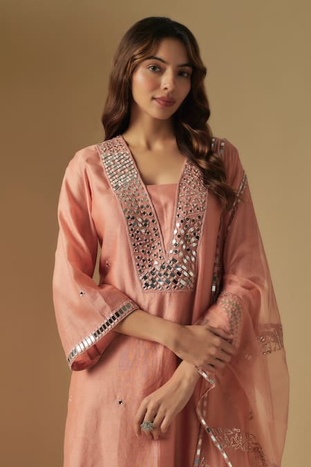 Buy_Asaga_Rose Gold Organza, Chanderi, Muslin Sequins, Mirrors, Border Kurta Pant Set _Online_at_Aza_Fashions