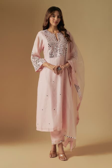 Asaga Pink Chanderi Embroidered Sequin Notched Mirror Cluster Kurta Pant Set 