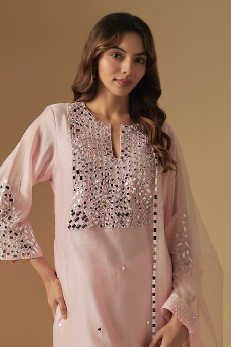 Buy_Asaga_Pink Organza, Chanderi, Muslin Sequins, Mirrors, Cut Cluster Kurta Pant Set _Online_at_Aza_Fashions