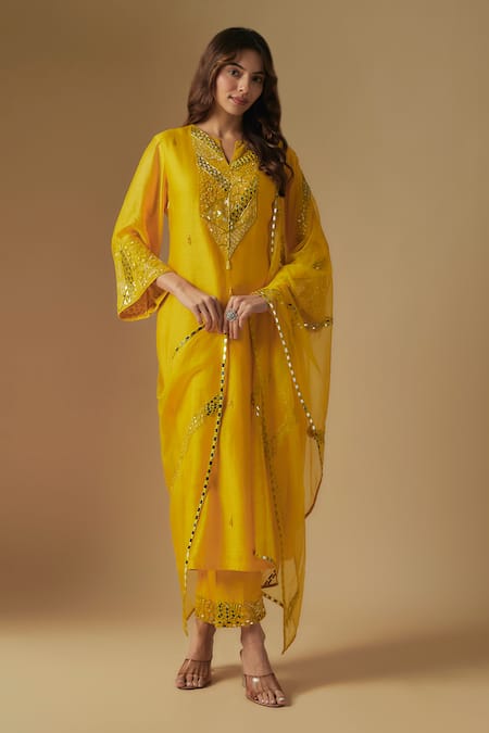 Asaga Yellow Chanderi Embroidered Sequin Notched Mirror Zentangle Kurta Pant Set 