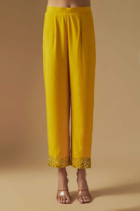 Asaga_Yellow Organza, Chanderi, Muslin Cut Work, Sequins, Zentangle Kurta Pant Set _Online_at_Aza_Fashions