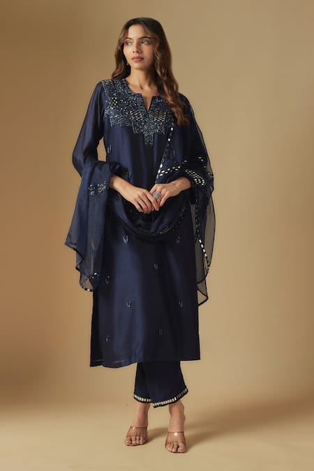 Asaga Blue Chanderi Embroidered Sequin Notched Zentangle Mirror Kurta Pant Set 