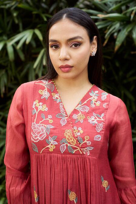 Buy_Purple Patch_Orange Silk, Chanderi Embroidery V-neck Amaryllis Floral Dress _Online_at_Aza_Fashions