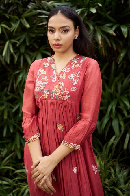 Shop_Purple Patch_Orange Silk, Chanderi Embroidery V-neck Amaryllis Floral Dress _Online_at_Aza_Fashions