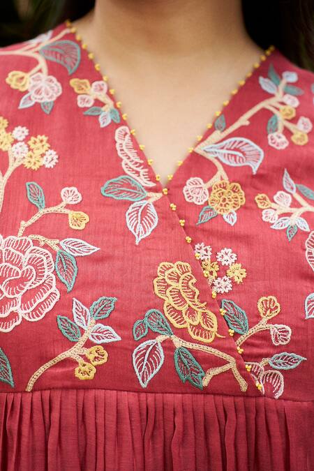 Purple Patch_Orange Silk, Chanderi Embroidery V-neck Amaryllis Floral Dress _at_Aza_Fashions