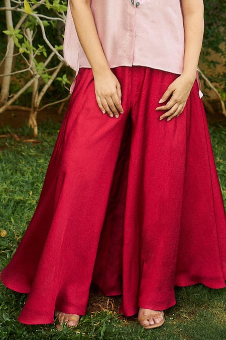 Purple Patch_Pink Silk, Modal, Satin Embroidery Round Neck Camellia Top With Flared Pant _Online_at_Aza_Fashions